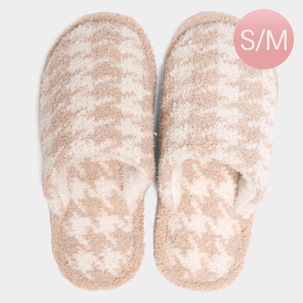 Beige Houndstooth Check Print Soft Home Indoor Floor Slippers - Jewelry Store by Erik Rayo