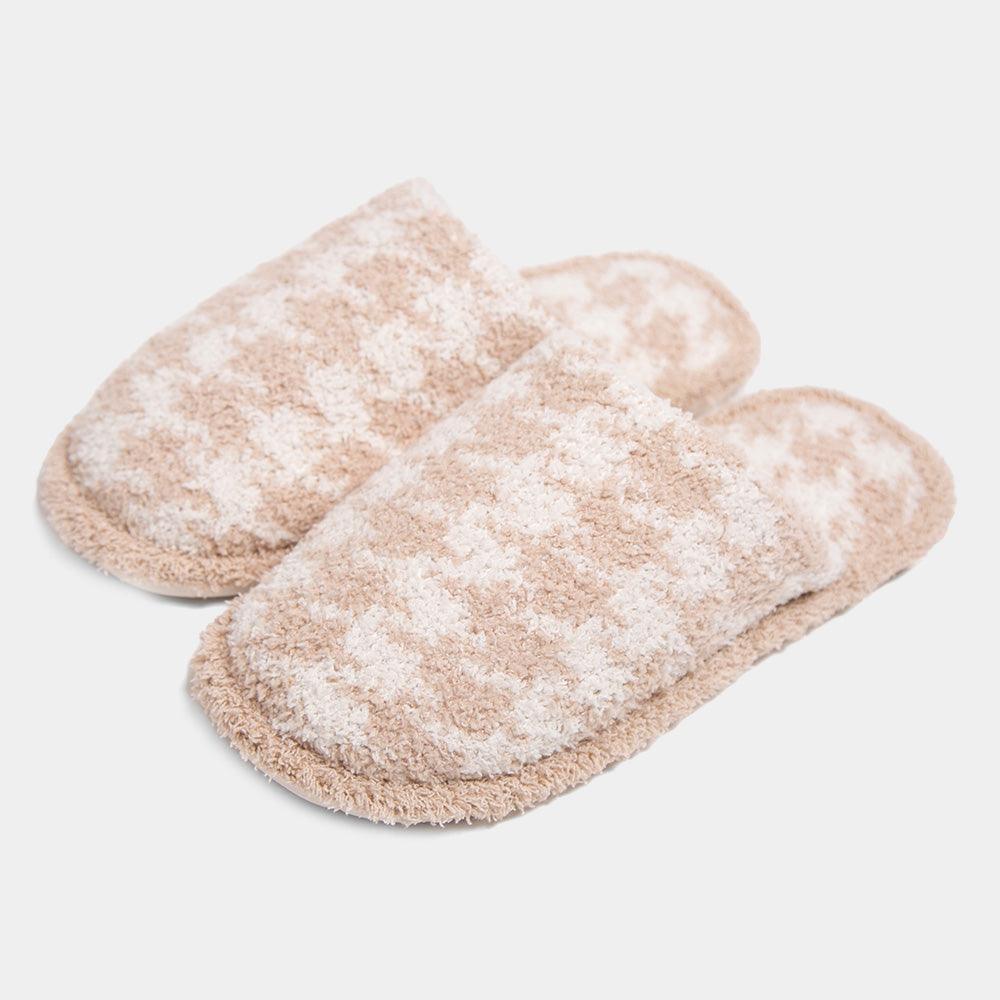 Beige Houndstooth Check Print Soft Home Indoor Floor Slippers - Jewelry Store by Erik Rayo