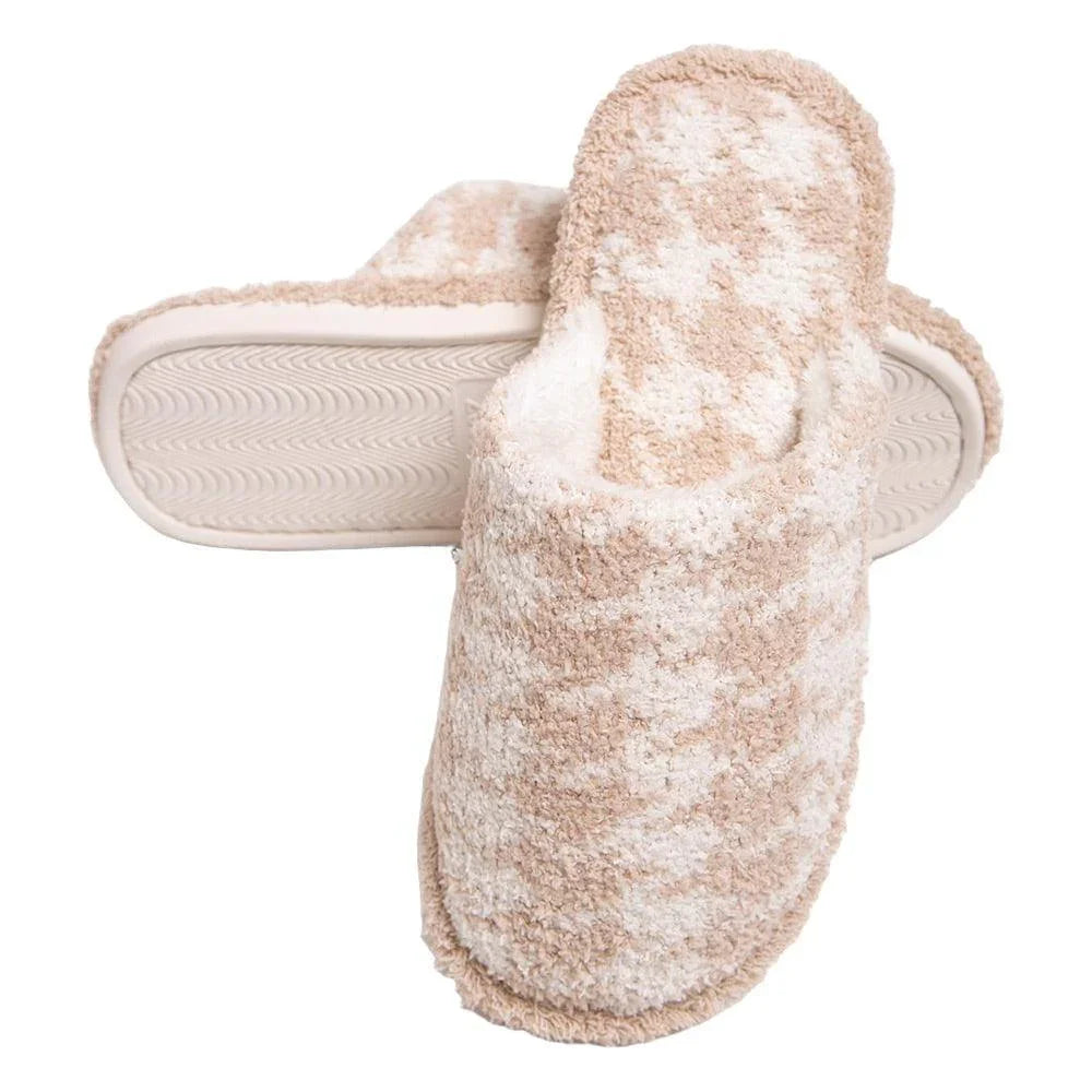 Beige Houndstooth Check Print Soft Home Indoor Floor Slippers - Jewelry Store by Erik Rayo