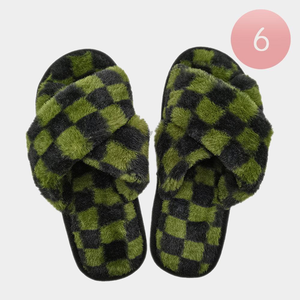 Olive Green 6Pairs - Checkerboard Faux Fur Crisscross Soft Home Indoor Floor Slippers - Jewelry Store by Erik Rayo