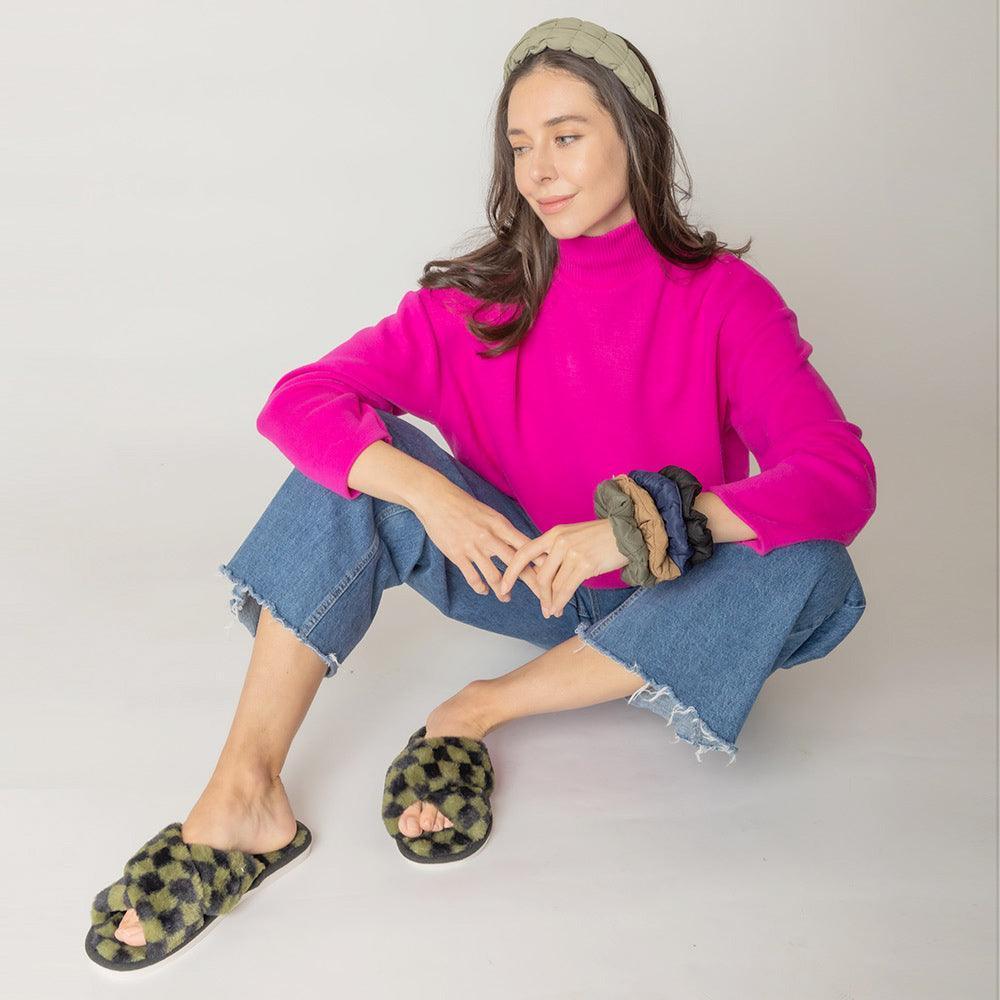 Olive Green 6Pairs - Checkerboard Faux Fur Crisscross Soft Home Indoor Floor Slippers - Jewelry Store by Erik Rayo