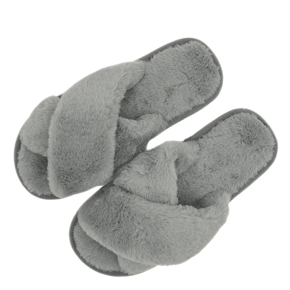 Gray 6Pairs - Solid Crisscross Faux Fur Soft Home Indoor Floor Slippers - Jewelry Store by Erik Rayo