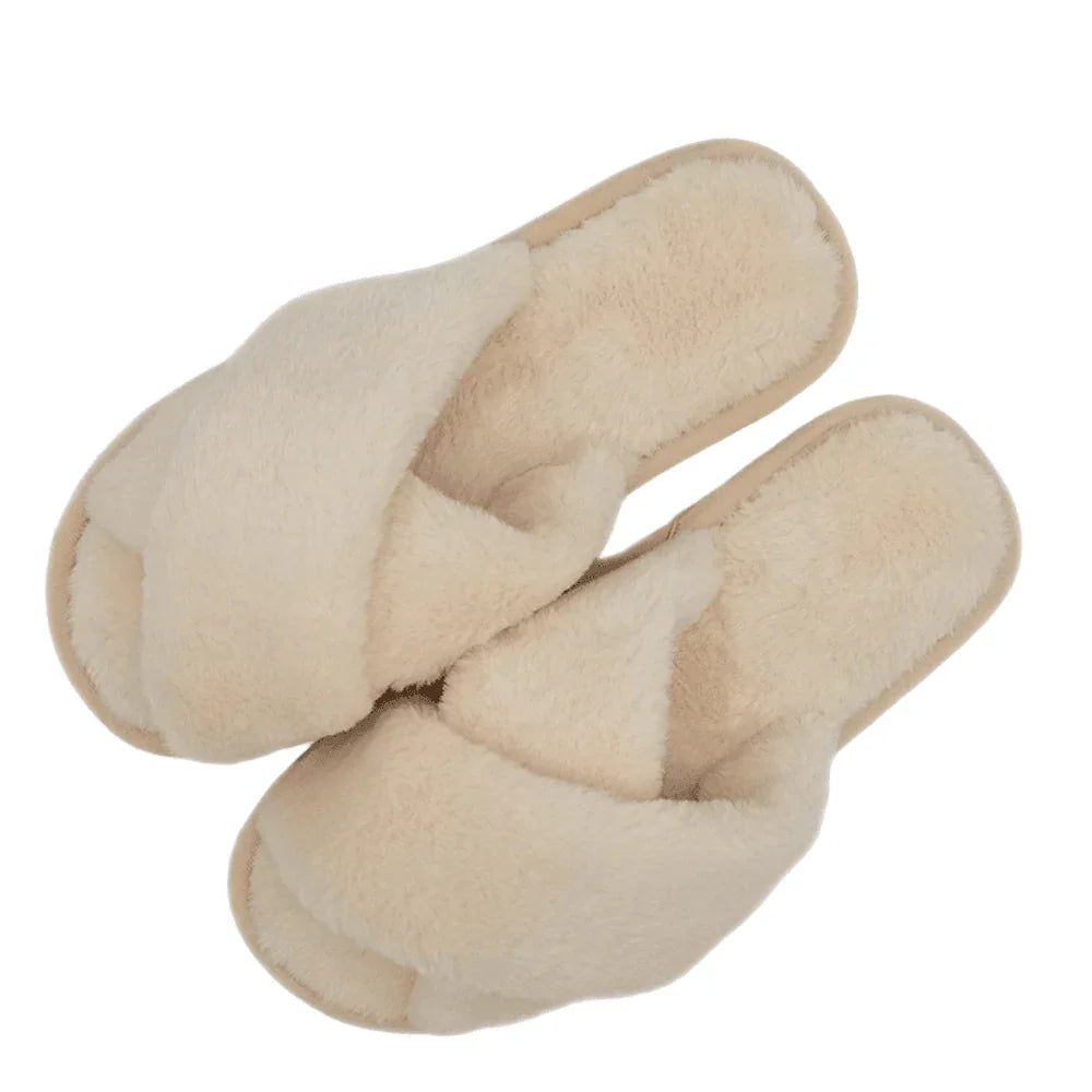 Ivory 6Pairs - Solid Crisscross Faux Fur Soft Home Indoor Floor Slippers - Jewelry Store by Erik Rayo