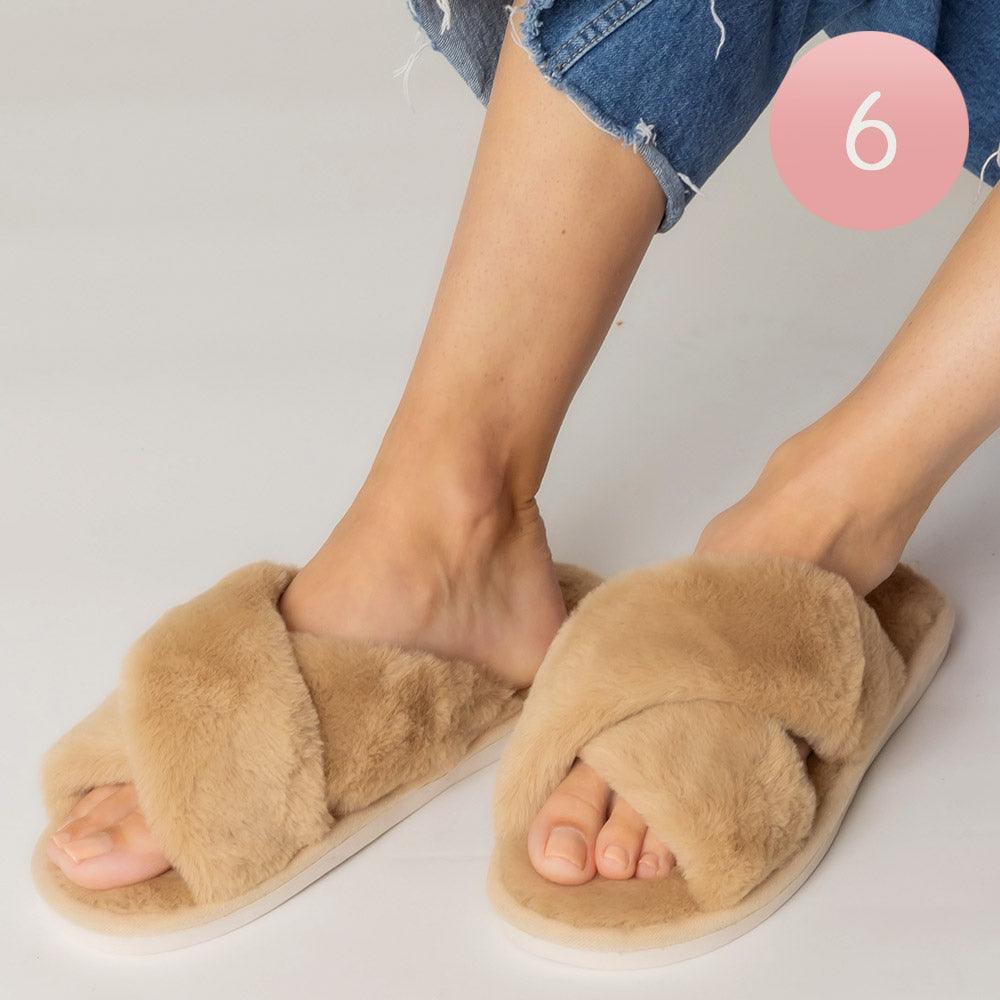 Camel 6Pairs - Solid Crisscross Faux Fur Soft Home Indoor Floor Slippers - Jewelry Store by Erik Rayo