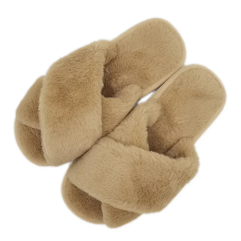 Camel 6Pairs - Solid Crisscross Faux Fur Soft Home Indoor Floor Slippers - Jewelry Store by Erik Rayo