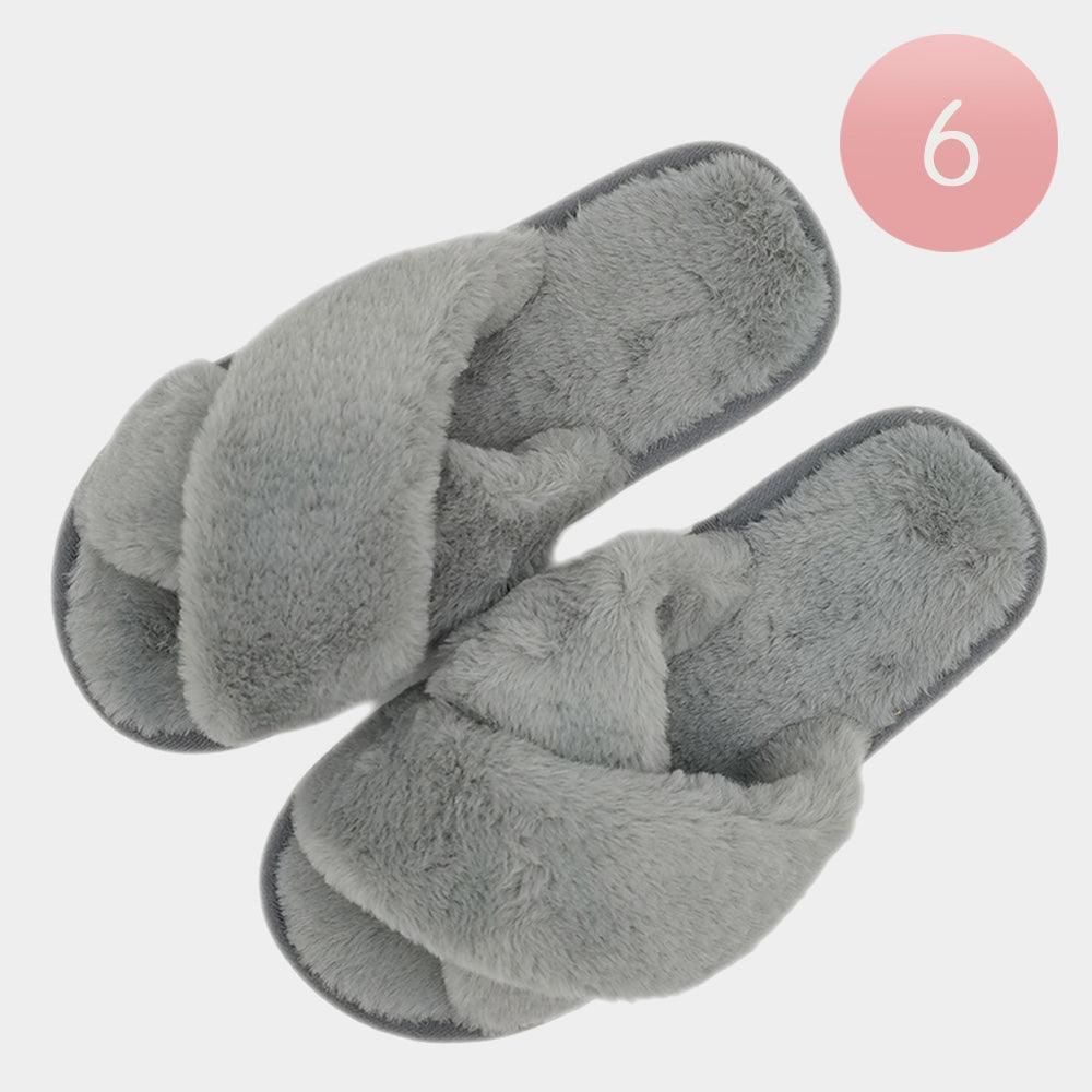 Gray 6Pairs - Solid Crisscross Faux Fur Soft Home Indoor Floor Slippers - Jewelry Store by Erik Rayo