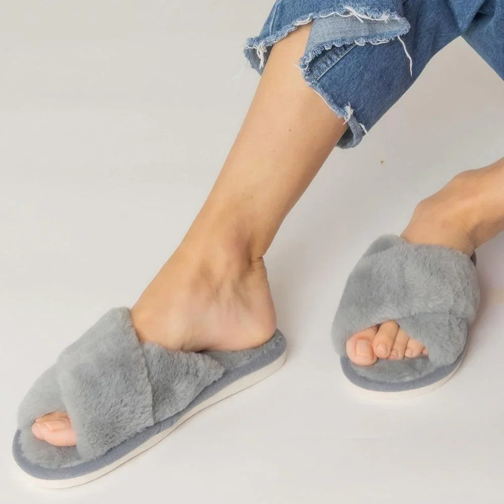 Gray 6Pairs - Solid Crisscross Faux Fur Soft Home Indoor Floor Slippers - Jewelry Store by Erik Rayo
