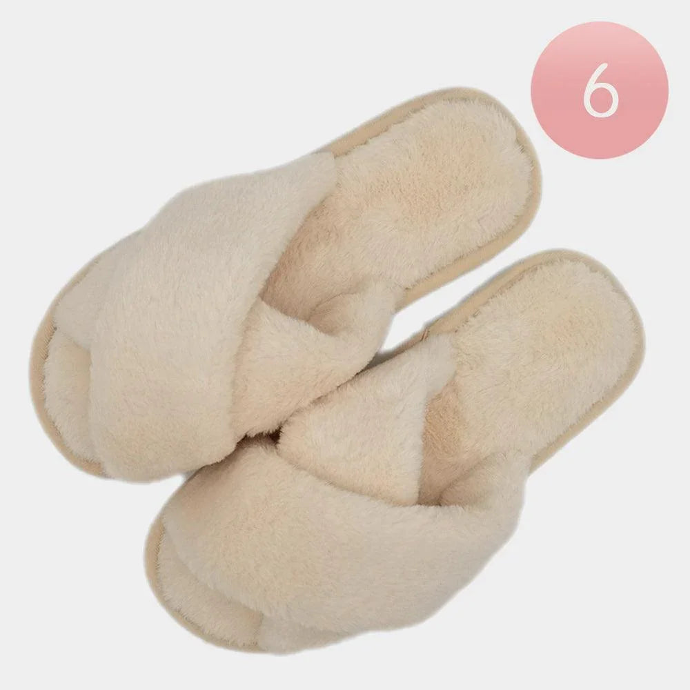 Ivory 6Pairs - Solid Crisscross Faux Fur Soft Home Indoor Floor Slippers - Jewelry Store by Erik Rayo