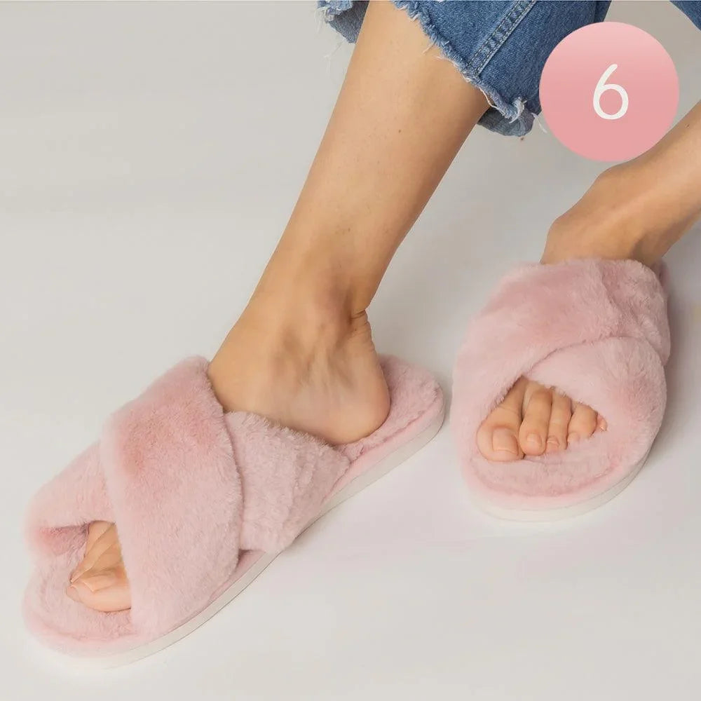 Pink 6Pairs - Solid Crisscross Faux Fur Soft Home Indoor Floor Slippers - Jewelry Store by Erik Rayo