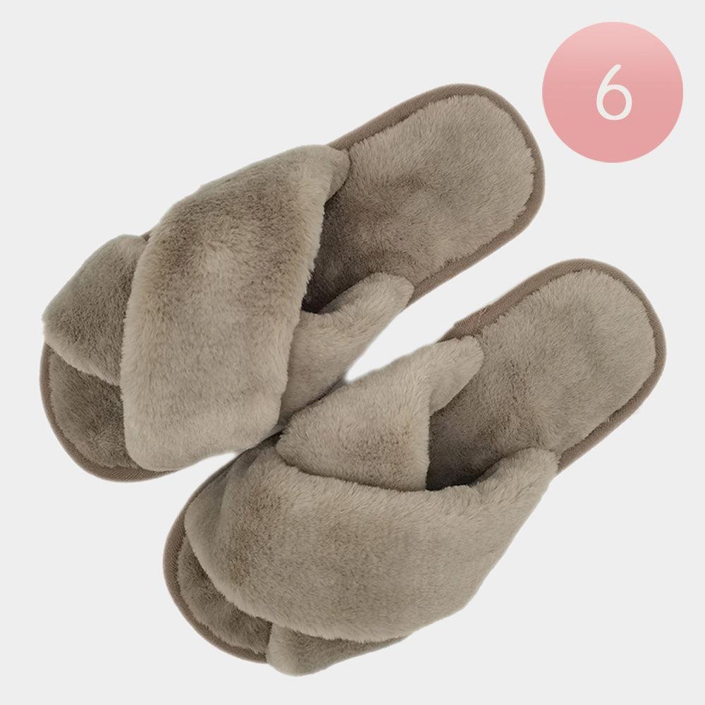 Taupe 6Pairs - Solid Crisscross Faux Fur Soft Home Indoor Floor Slippers - Jewelry Store by Erik Rayo