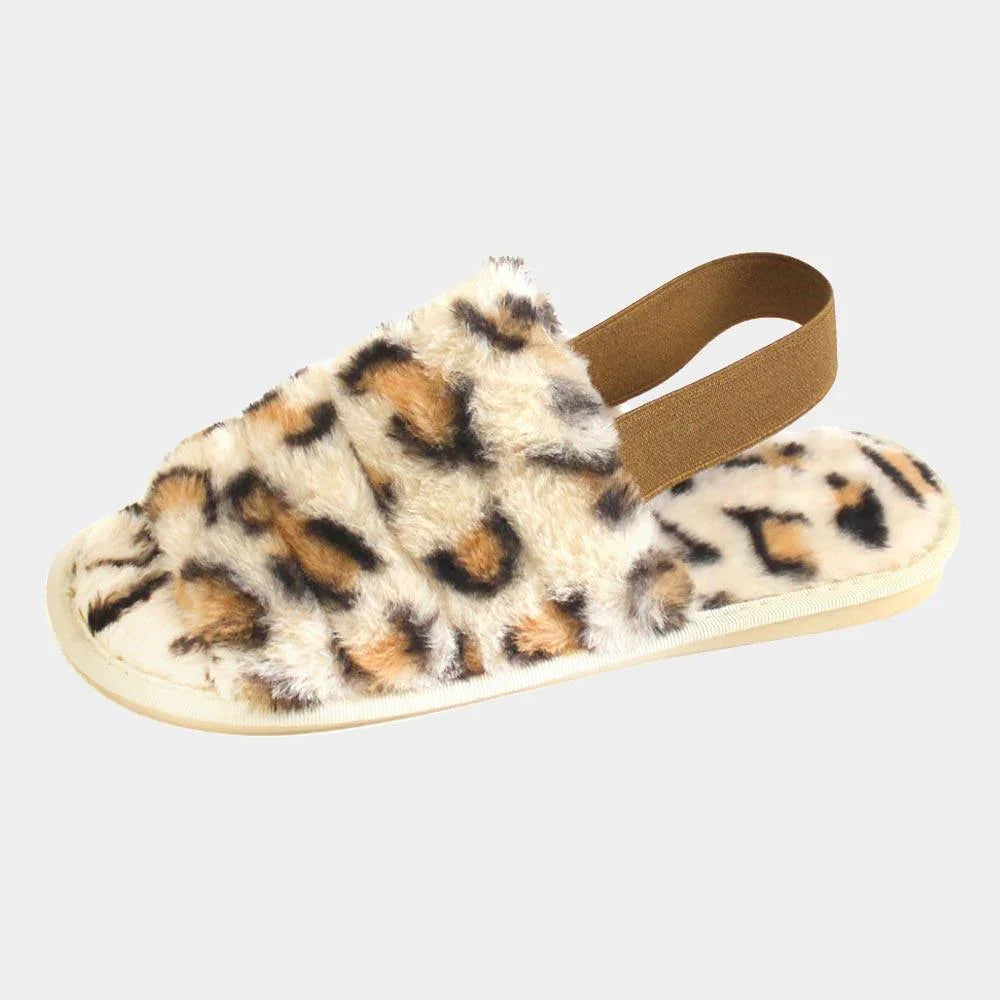 Leopard Patterned Fuzzy Faux Fur Elastic Slingback Strap Indoor Slide Slippers - Jewelry Store by Erik Rayo