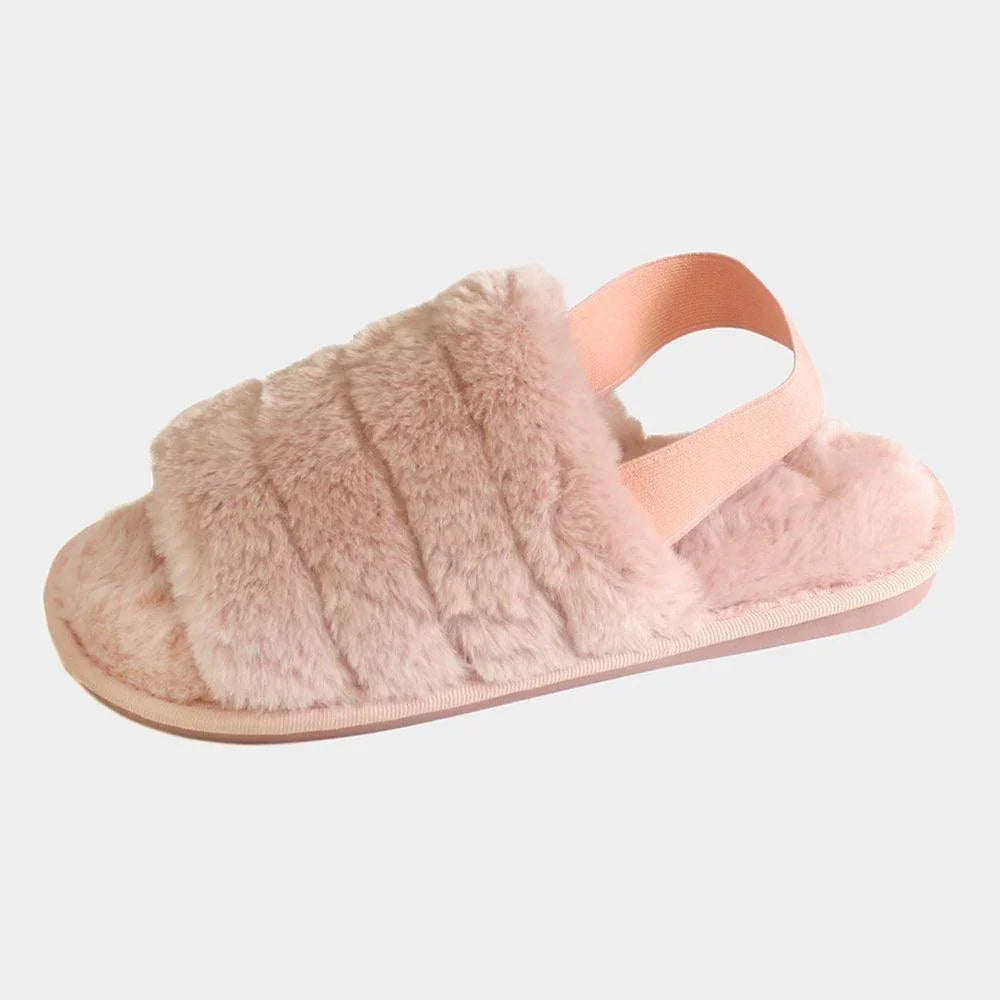 Pink Fuzzy Faux Fur Elastic Slingback Strap Indoor Slide Slippers - Jewelry Store by Erik Rayo
