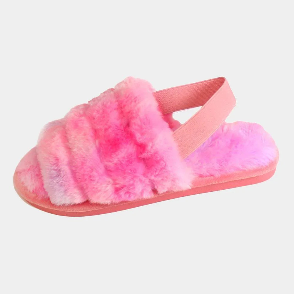 Fuzzy Faux Fur Elastic Slingback Strap Indoor Slide Slippers - Jewelry Store by Erik Rayo
