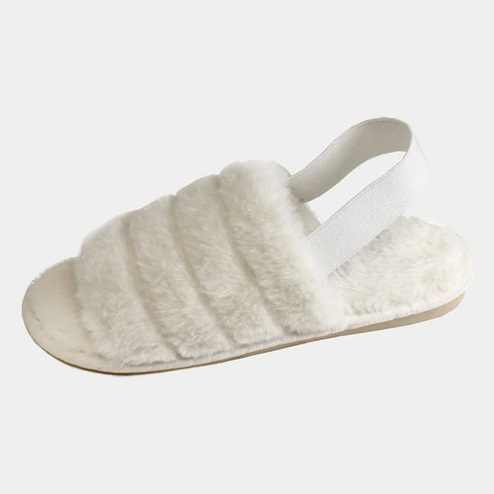 White Fuzzy Faux Fur Elastic Slingback Strap Indoor Slide Slippers - Jewelry Store by Erik Rayo