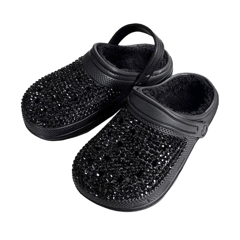 Black Bling Solid Faux Fur Rubber Sandals