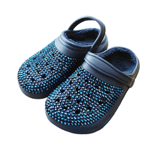 Load image into Gallery viewer, Navy Blue Bling Solid Faux Fur Rubber Sandals
