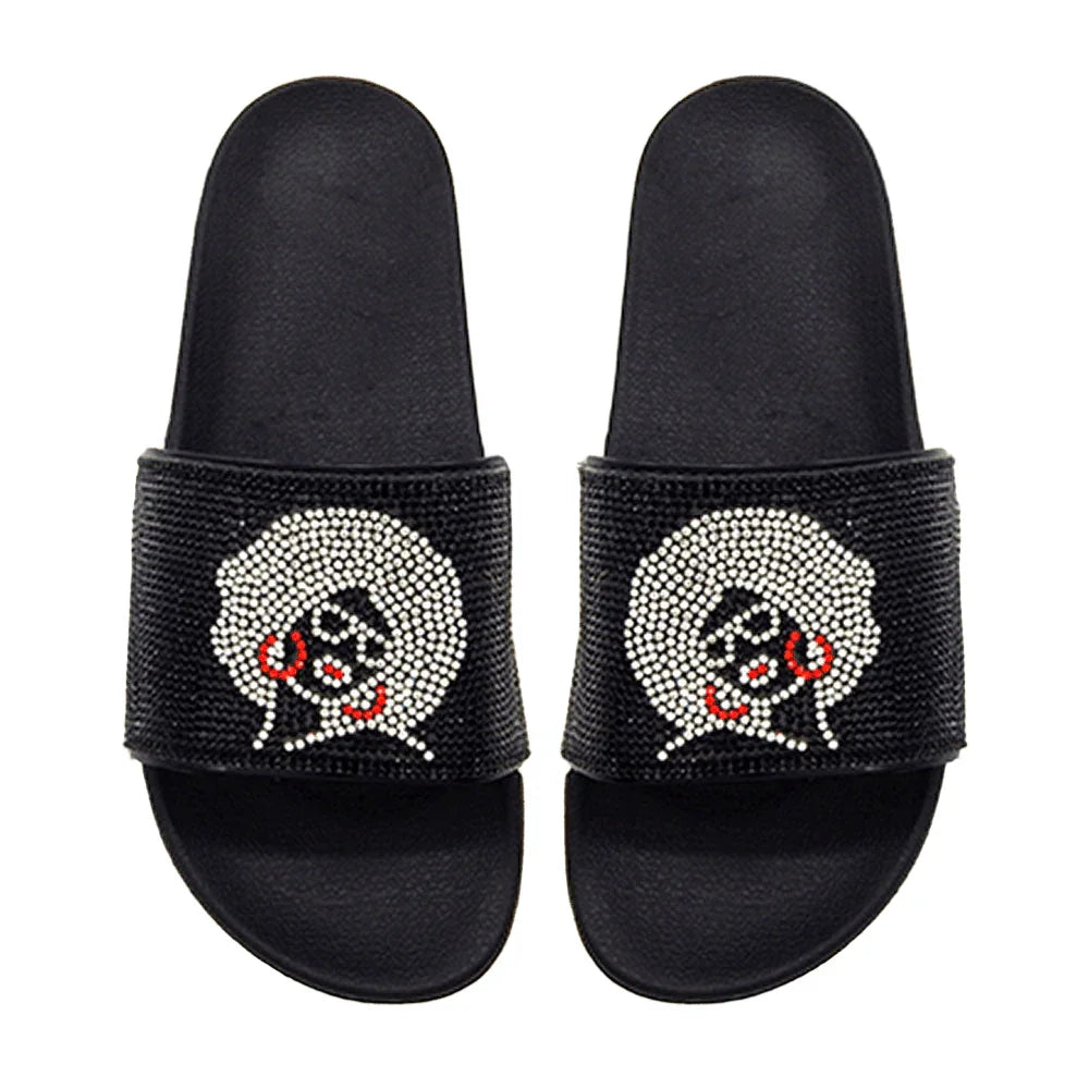 Black Bling Afro Girl Slide Sandal Slippers - Jewelry Store by Erik Rayo
