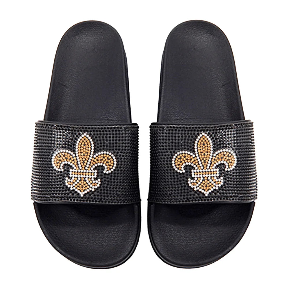 Black Bling Fleur de Lis Slide Sandal Slippers - Jewelry Store by Erik Rayo