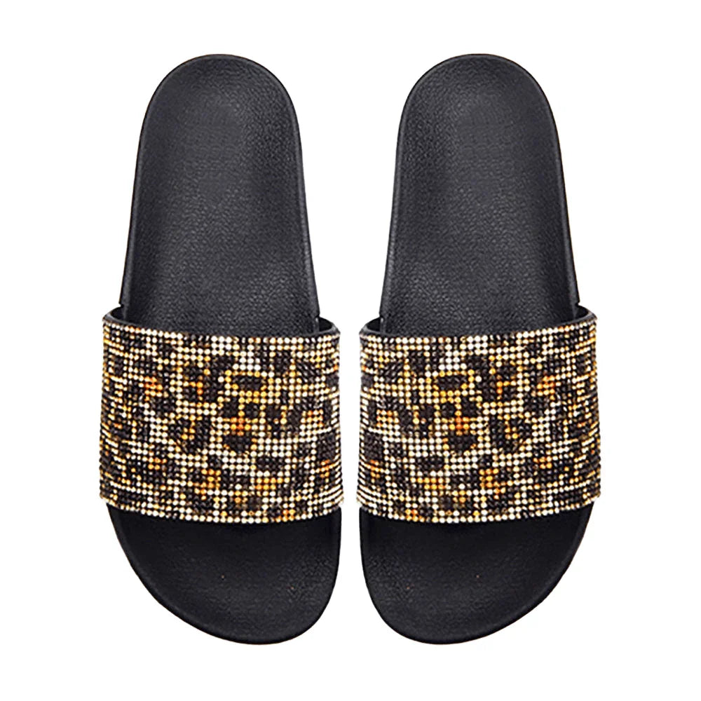 Black Bling Leopard Patterned Slide Sandal Slippers - Jewelry Store by Erik Rayo