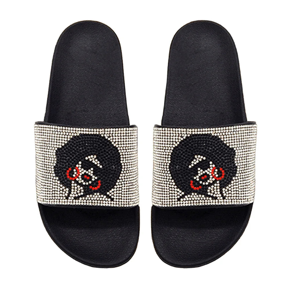 Silver Bling Afro Girl Slide Sandal Slippers - Jewelry Store by Erik Rayo