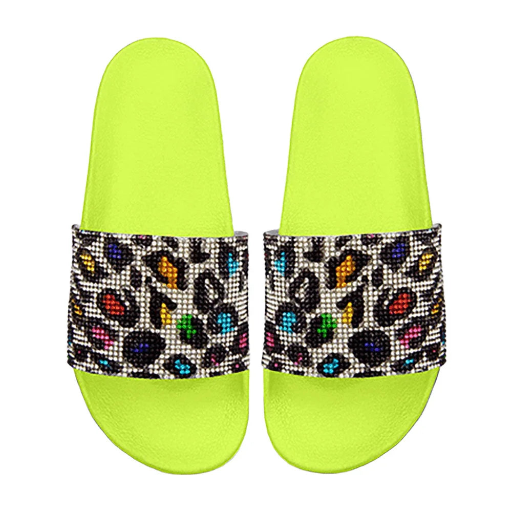 Yellow Bling Leopard Patterned Slide Sandal Slippers - Jewelry Store by Erik Rayo