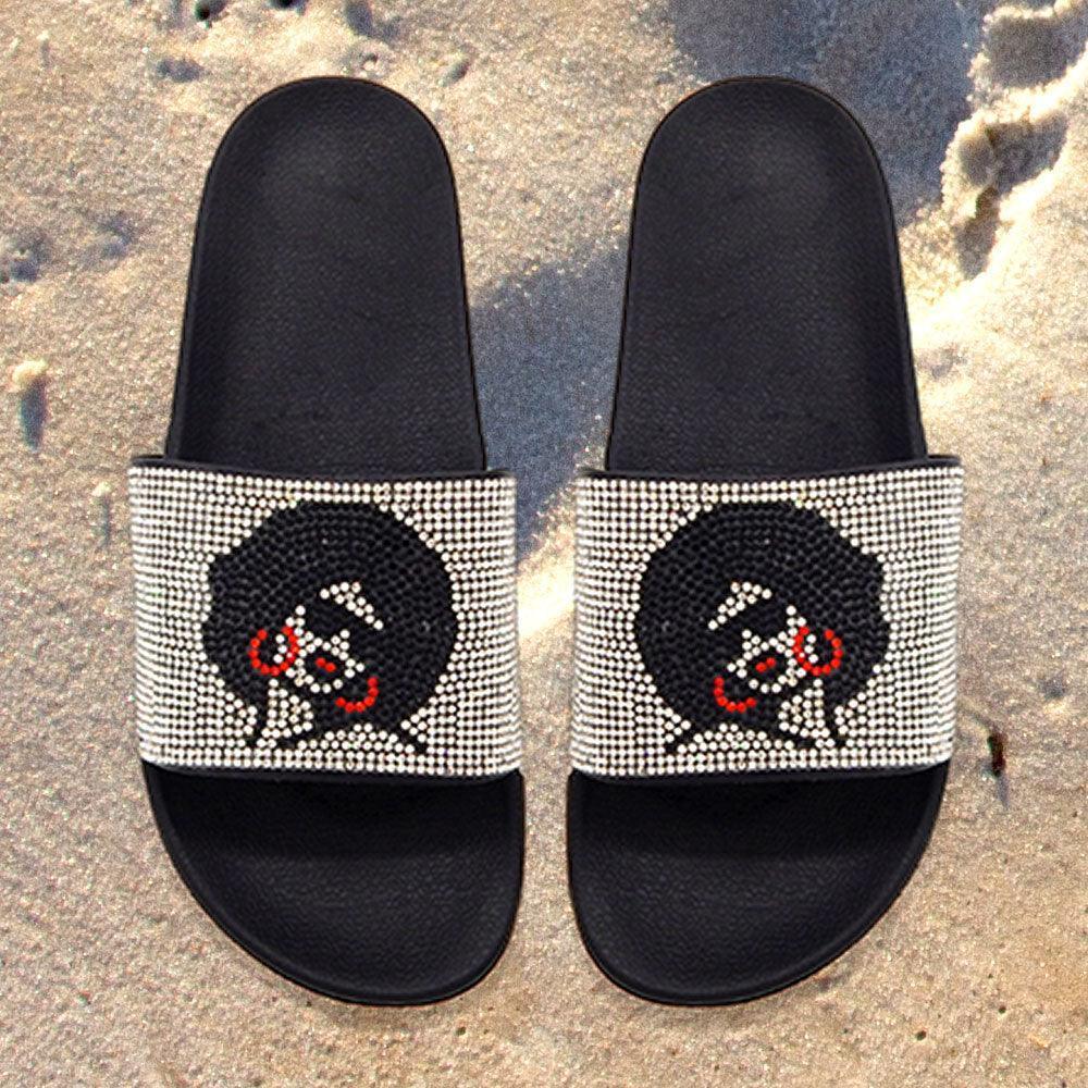 Silver Bling Afro Girl Slide Sandal Slippers - Jewelry Store by Erik Rayo