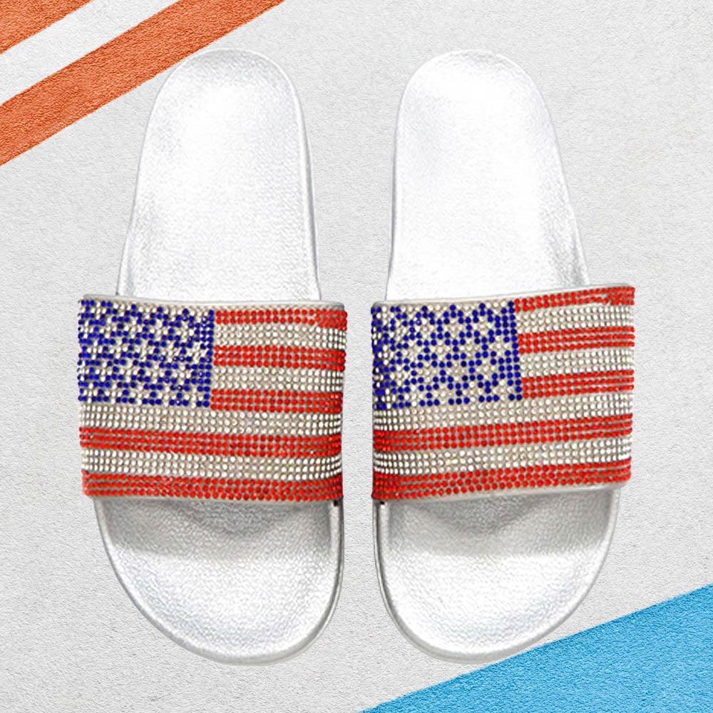 Silver Bling American USA Flag Slide Sandal Slippers - Jewelry Store by Erik Rayo