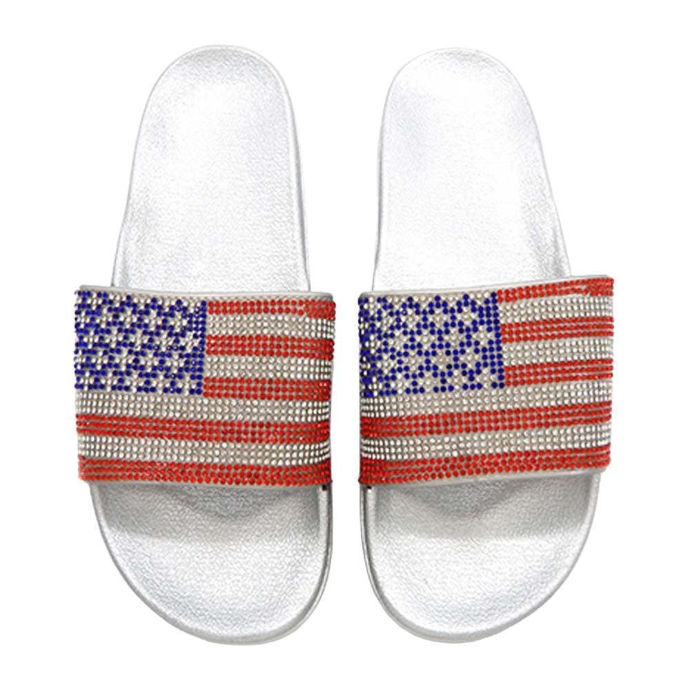 Silver Bling American USA Flag Slide Sandal Slippers - Jewelry Store by Erik Rayo