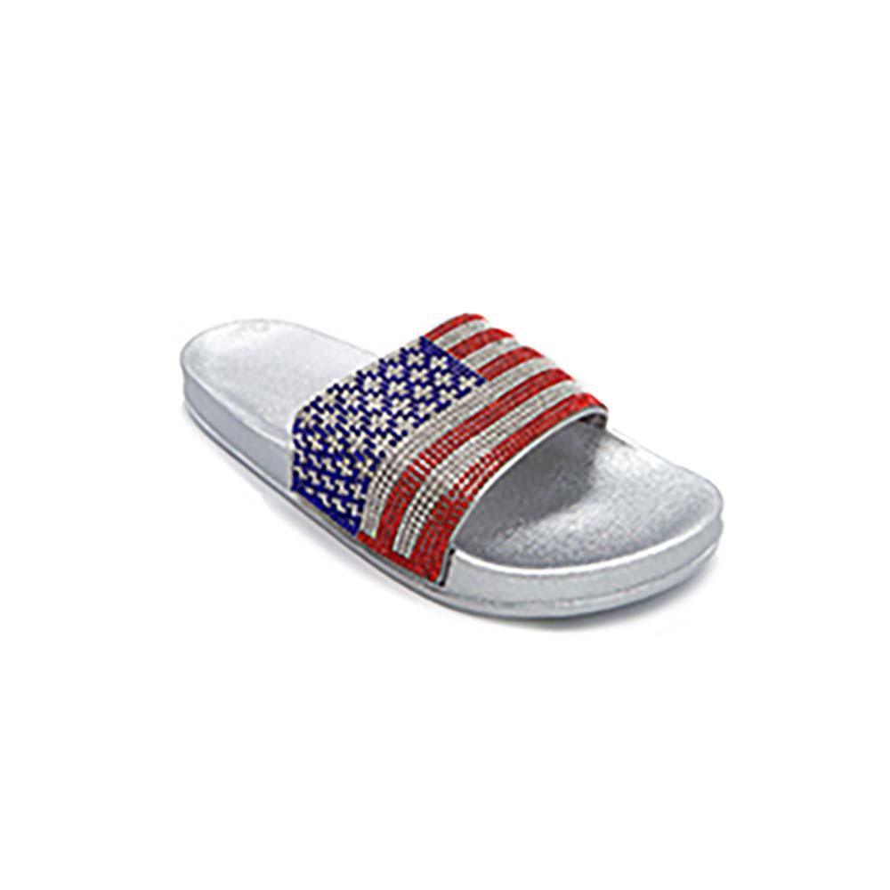 Silver Bling American USA Flag Slide Sandal Slippers - Jewelry Store by Erik Rayo