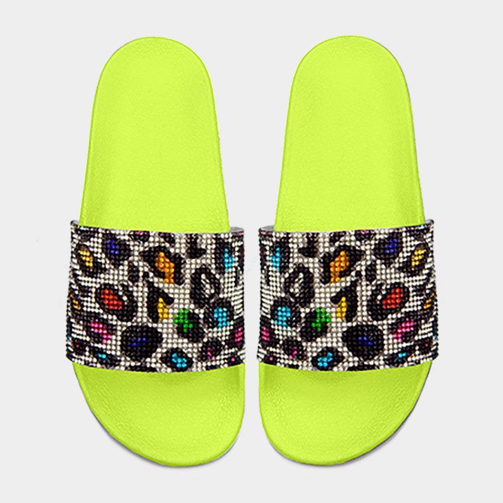 Yellow Bling Leopard Patterned Slide Sandal Slippers - Jewelry Store by Erik Rayo