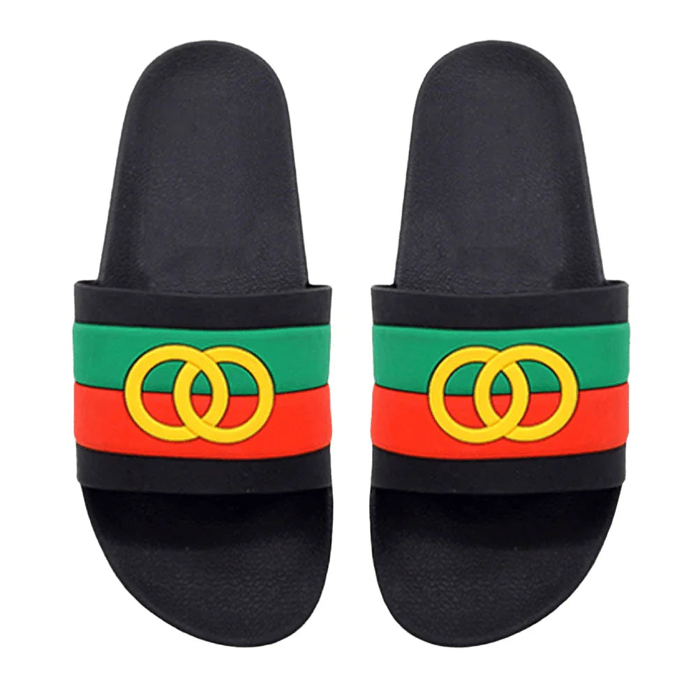 Black Color Block Open Circle Link Accented Slide Sandal Slippers - Jewelry Store by Erik Rayo