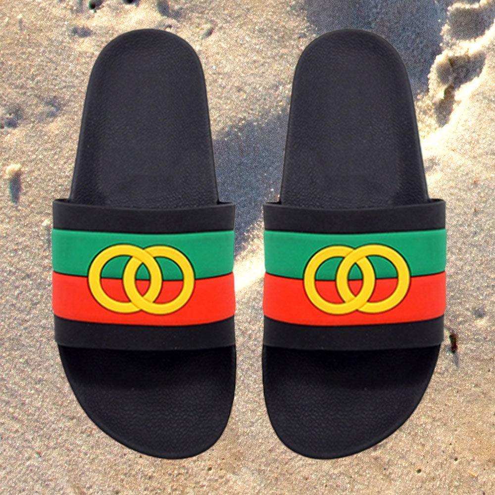 Black Color Block Open Circle Link Accented Slide Sandal Slippers - Jewelry Store by Erik Rayo