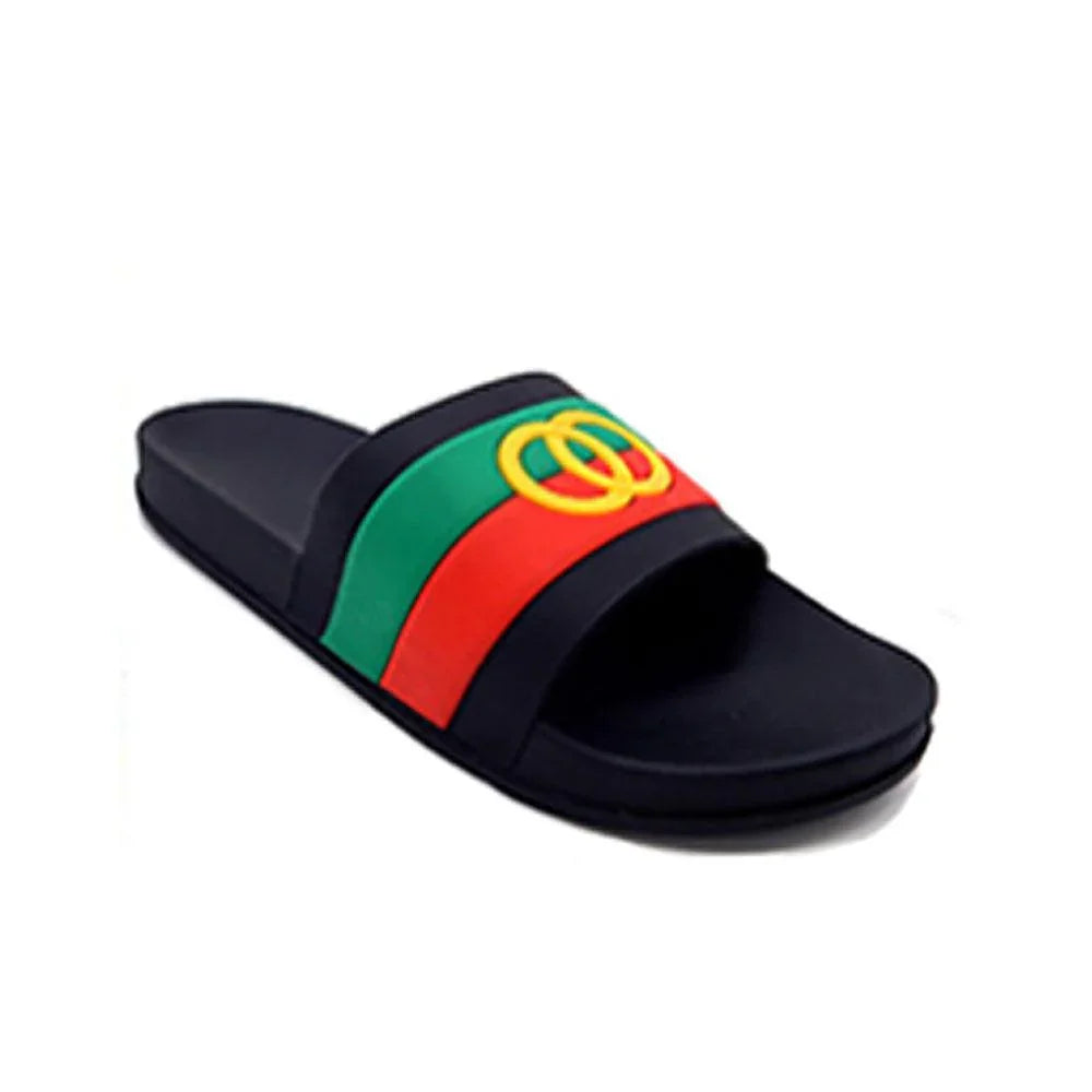 Black Color Block Open Circle Link Accented Slide Sandal Slippers - Jewelry Store by Erik Rayo
