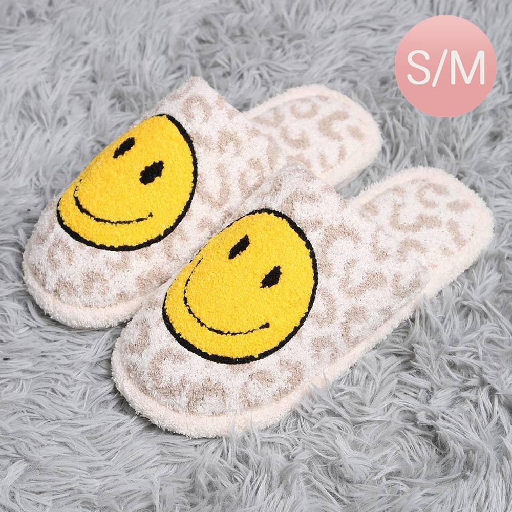 Beige Smile Accented Leopard Patterned Soft Home Indoor Floor Slippers - Jewelry Store by Erik Rayo
