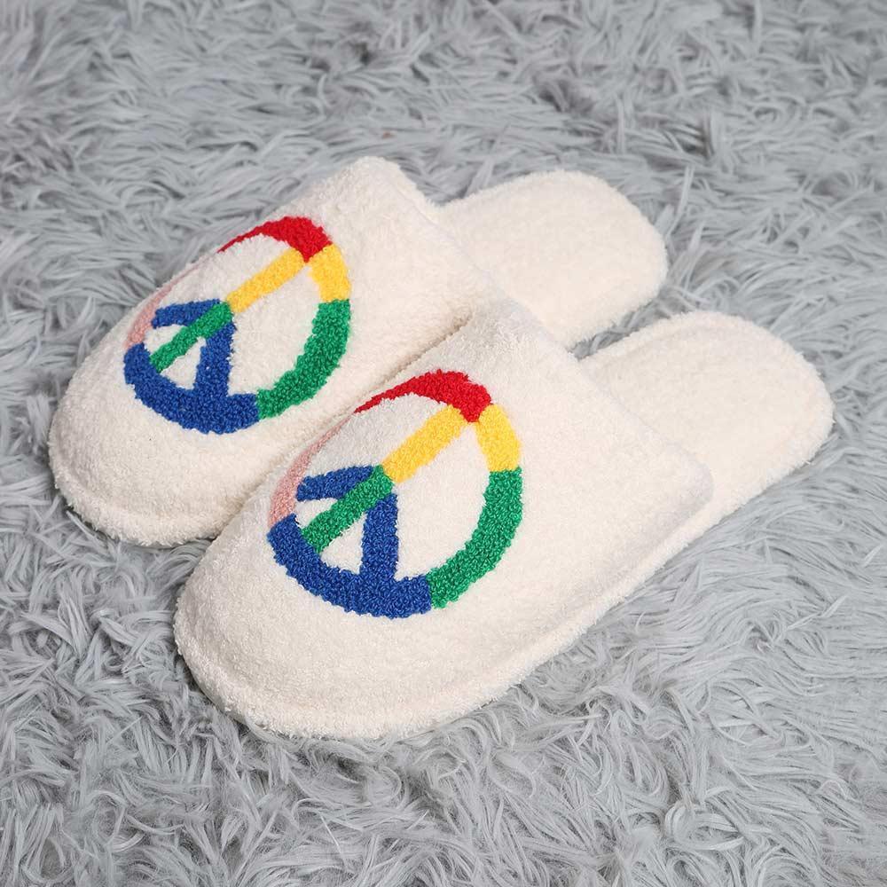 Rainbow Peace Sign Print Soft Home Indoor Floor Slippers - Jewelry Store by Erik Rayo