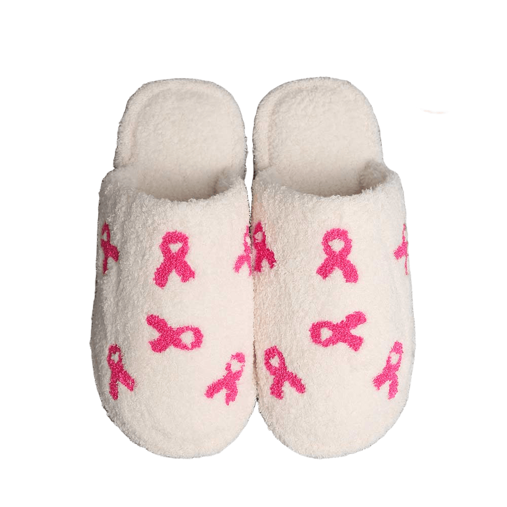 Pink Ribbon Print Soft Home Indoor Floor Slippers