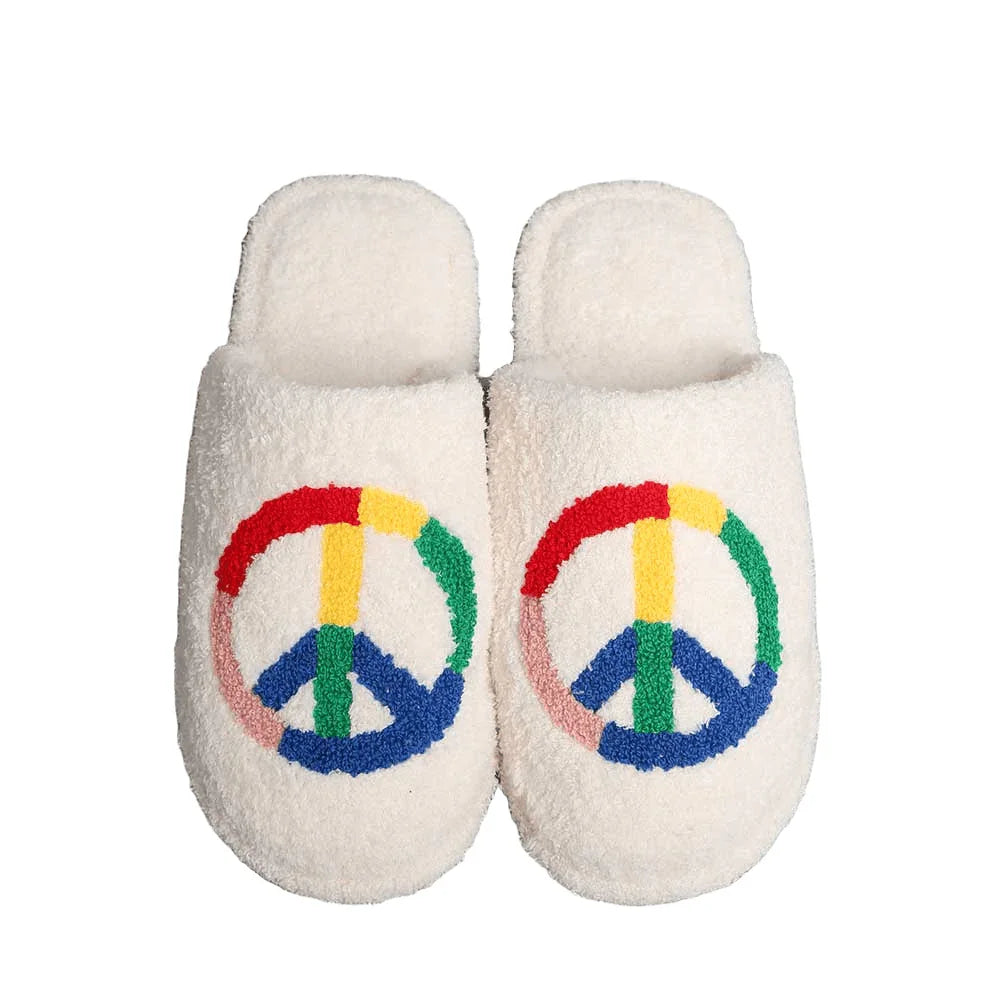 Rainbow Peace Sign Print Soft Home Indoor Floor Slippers - Jewelry Store by Erik Rayo