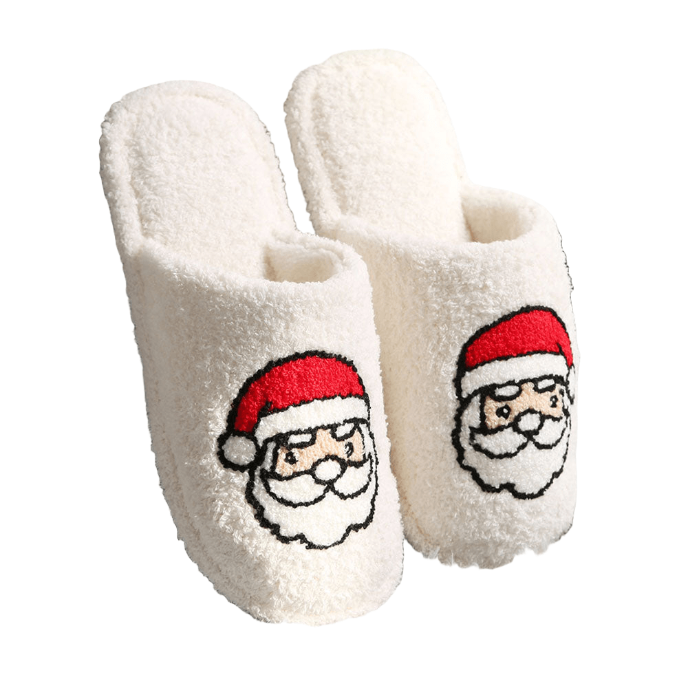 White Santa Accented Solid Soft Home Indoor Floor Slippers