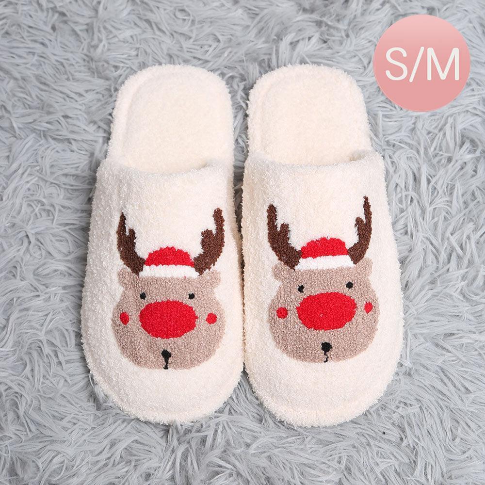 White Santa Hat Rudolph Print Soft Home Indoor Floor Slippers - Jewelry Store by Erik Rayo