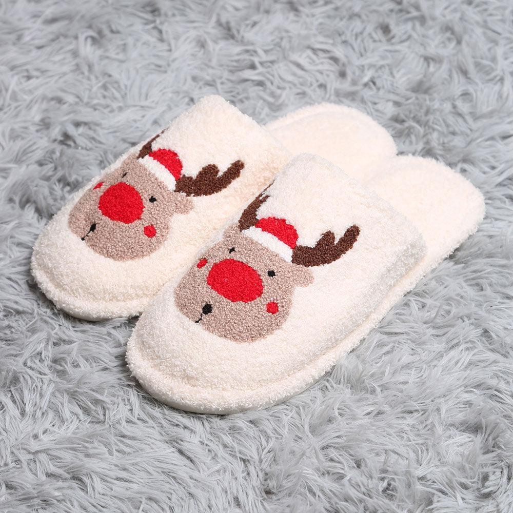 White Santa Hat Rudolph Print Soft Home Indoor Floor Slippers - Jewelry Store by Erik Rayo