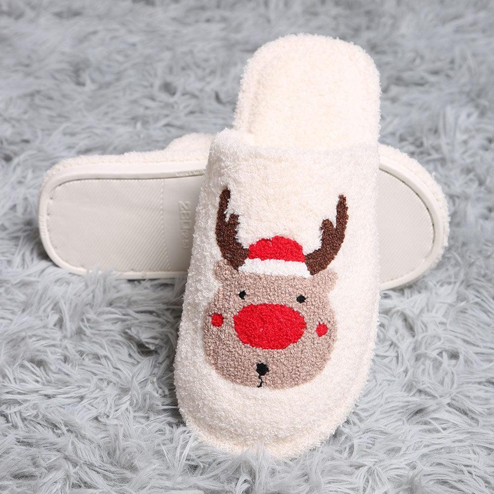 White Santa Hat Rudolph Print Soft Home Indoor Floor Slippers - Jewelry Store by Erik Rayo