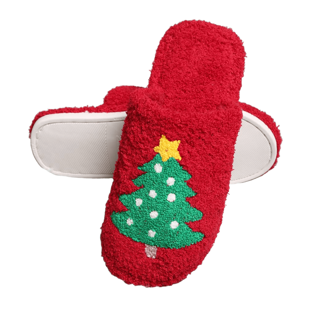 Red Christmas Tree Print Soft Home Indoor Floor Slippers