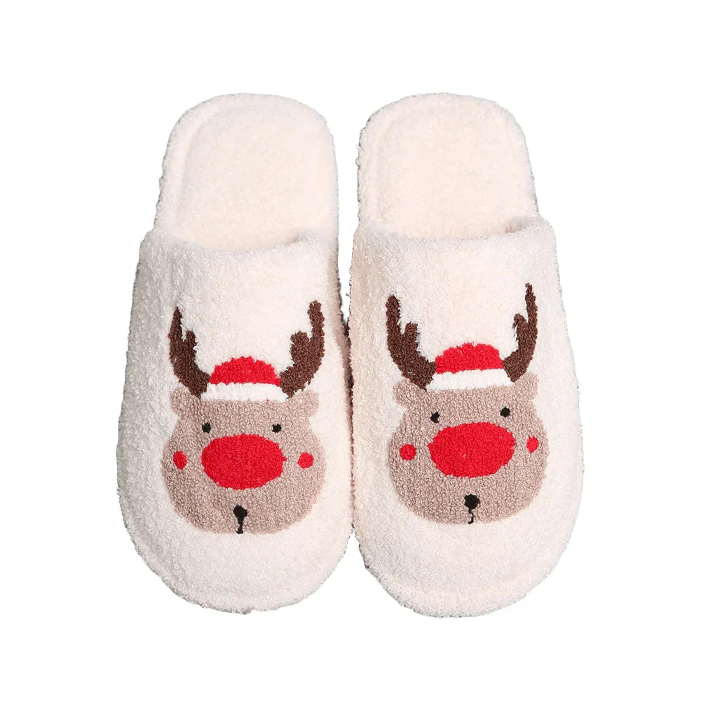 White Santa Hat Rudolph Print Soft Home Indoor Floor Slippers - Jewelry Store by Erik Rayo