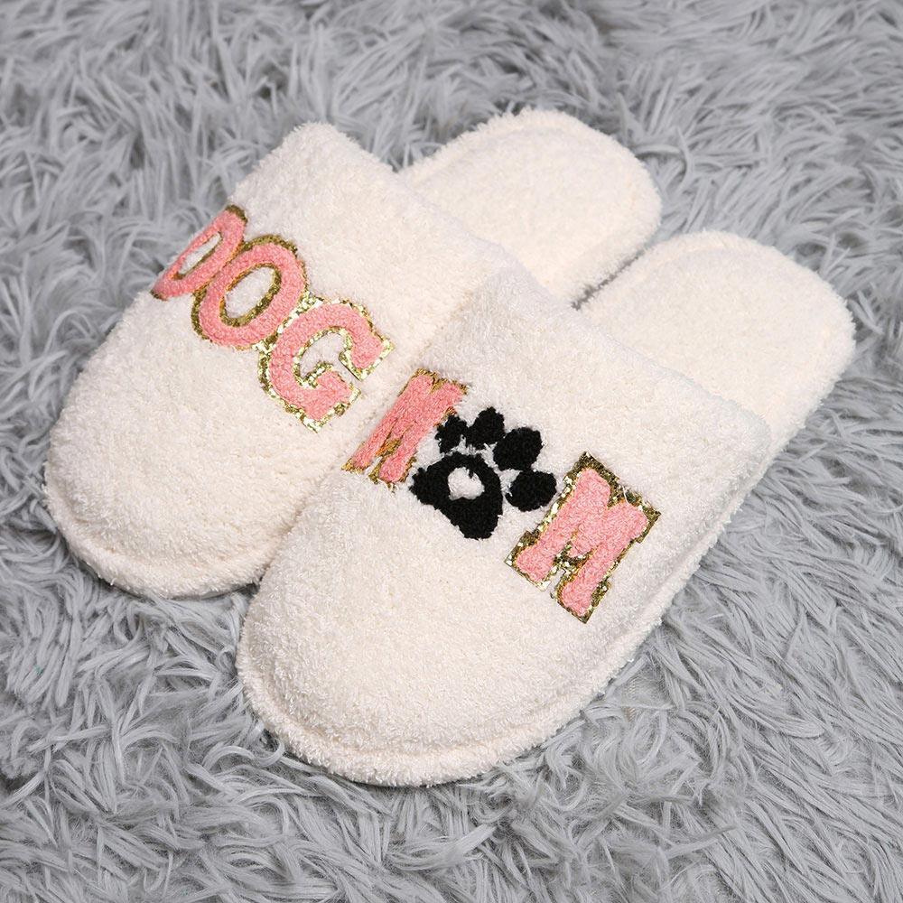 White Dog Mom Message Paw Pointed Soft Home Indoor Floor Slippers - Jewelry Store by Erik Rayo