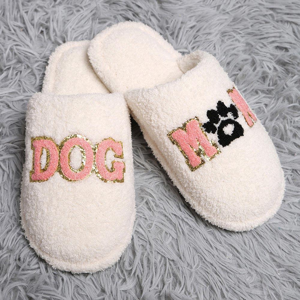 White Dog Mom Message Paw Pointed Soft Home Indoor Floor Slippers - Jewelry Store by Erik Rayo