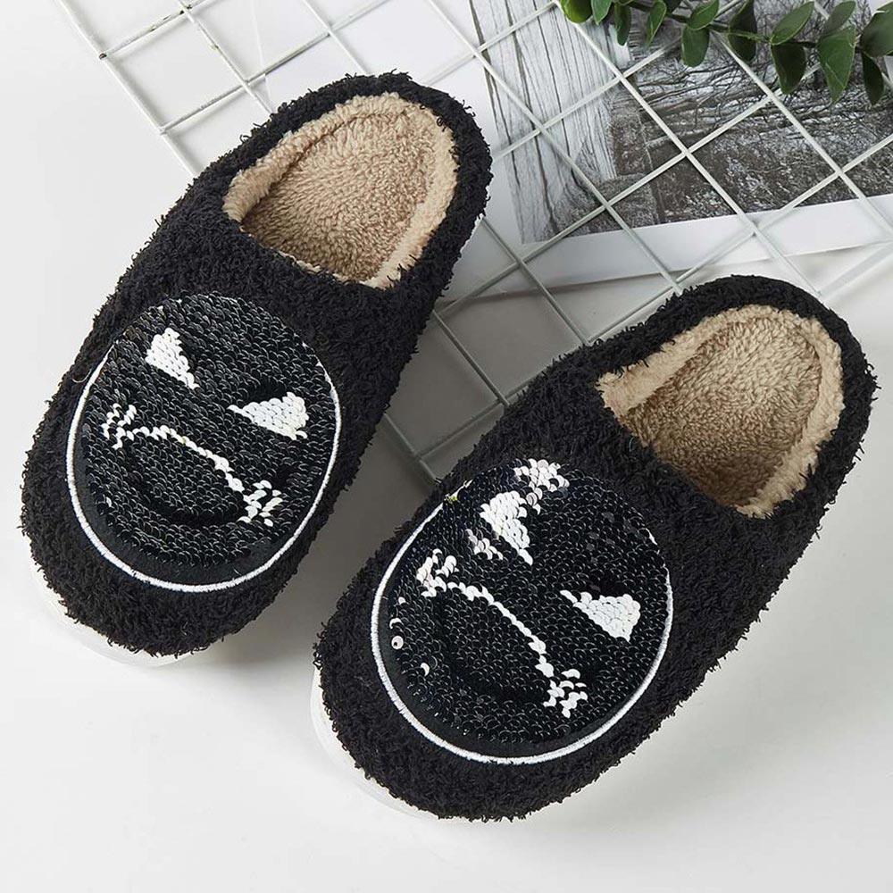 Black 6Pairs - Reversible Sequin Smile Soft Home Indoor Floor Slippers - Jewelry Store by Erik Rayo
