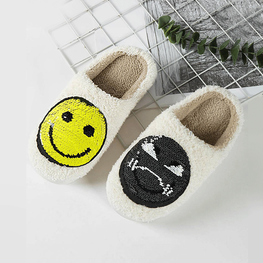 Black 6Pairs - Reversible Sequin Smile Soft Home Indoor Floor Slippers - Jewelry Store by Erik Rayo