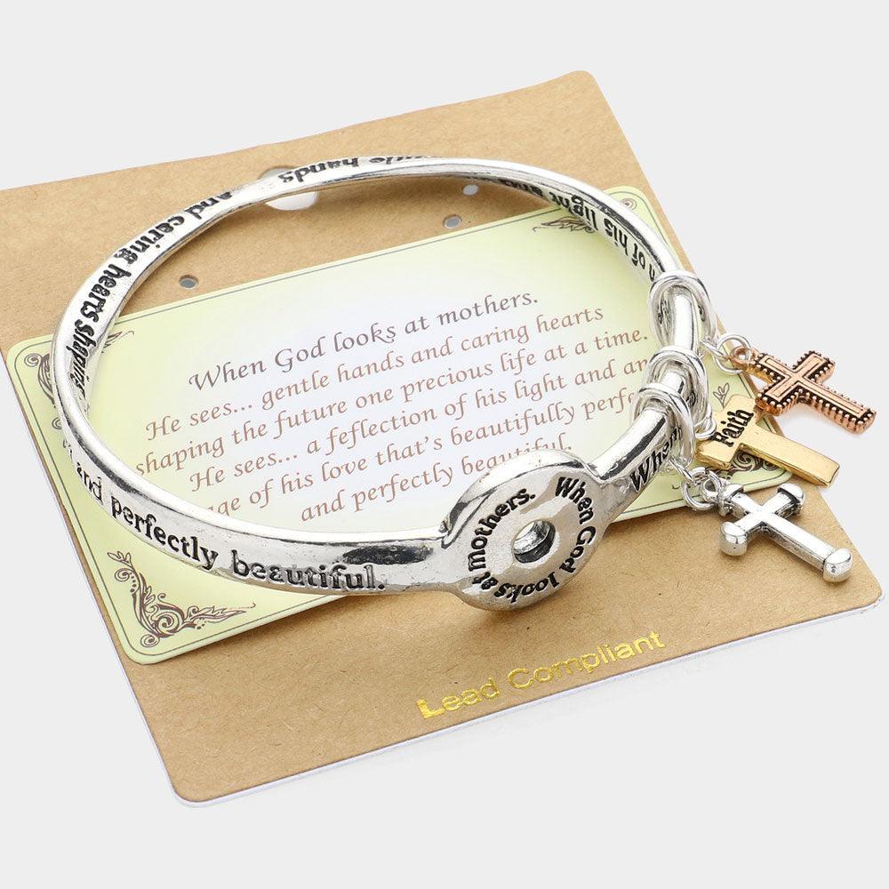 Silver Religious Message Cross Charm Bangle Bracelet