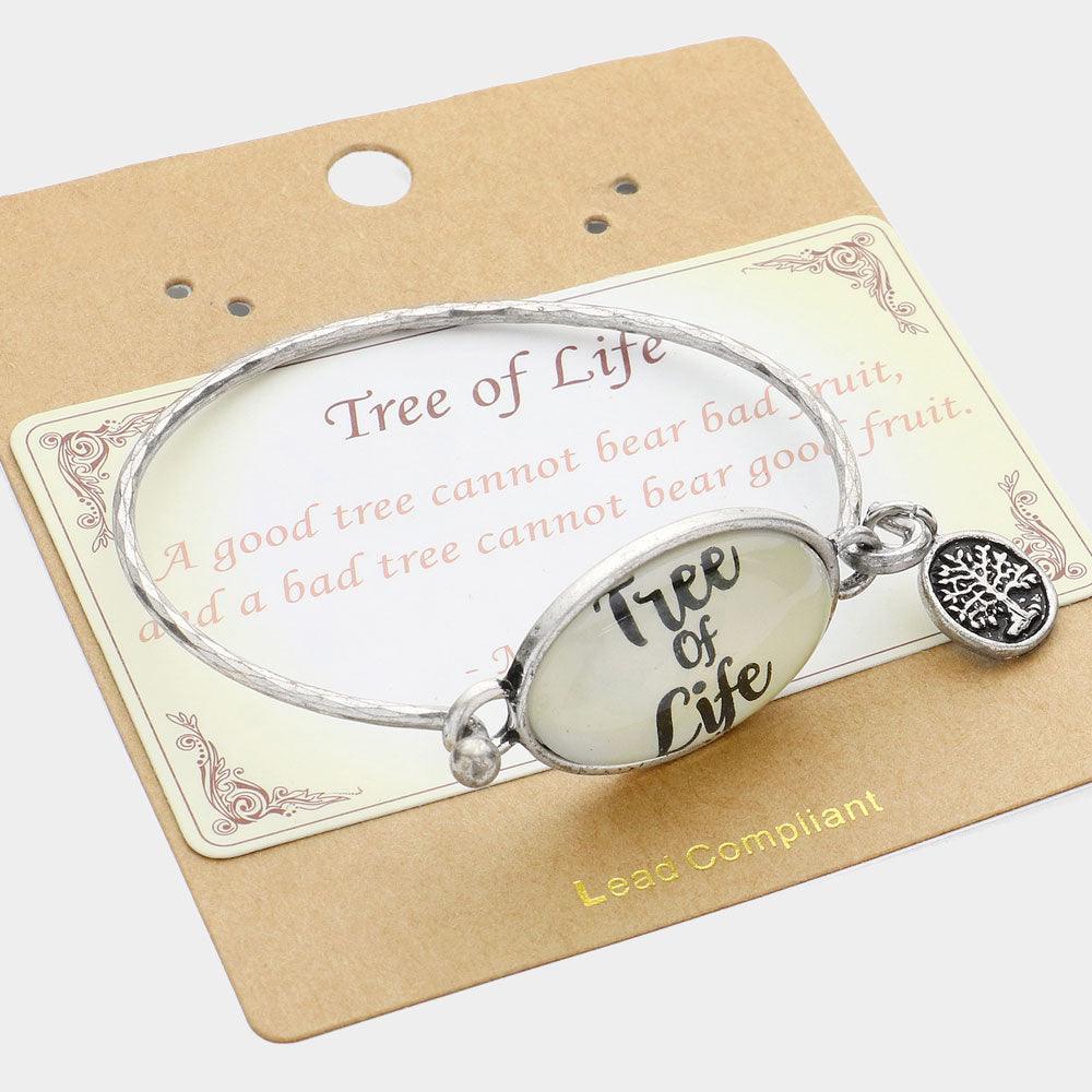 Silver Tree of Life Message Metal Charm Bangle Bracelet