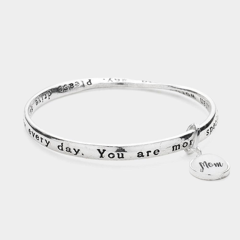 Silver Mom Message Charm Metal Bangle Bracelet - Jewelry Store by Erik Rayo